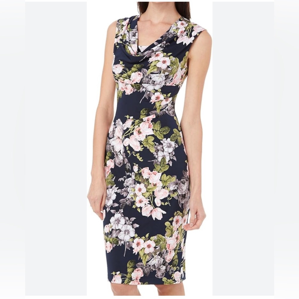 Connected Apparel Floral Women's Dress Cap Sleeve Drape Neck Size 10